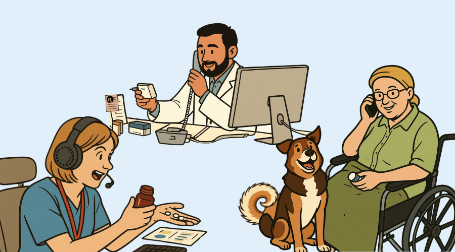A patient support program nurse speaks with a pharmacist and patient.