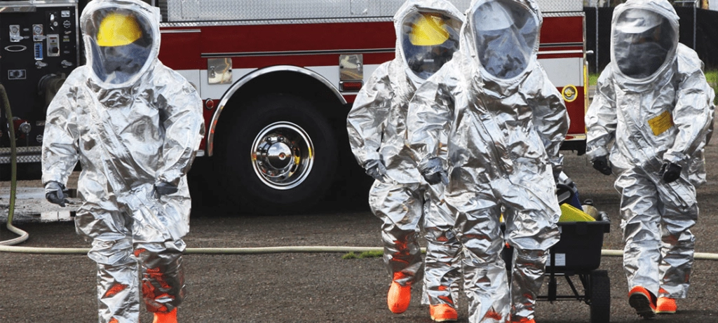 A hazmat crew responds to an emergency.
