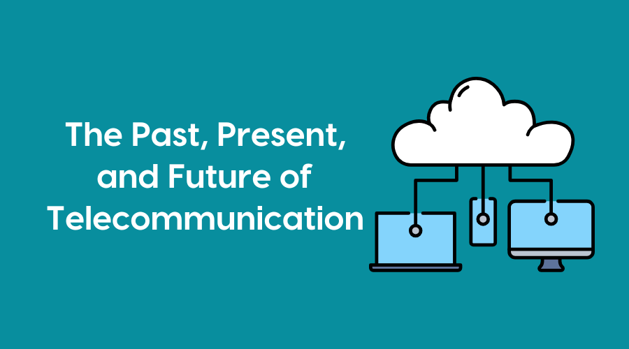A cloud with communication devices represents the present and future of telecommunication. Telecommunication