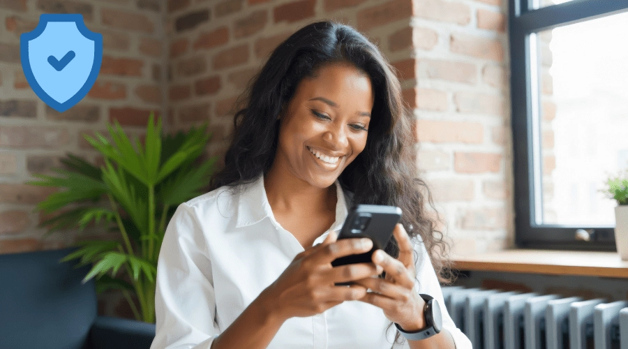 Woman using Amtelco Secure Messages secure text messaging to send a text