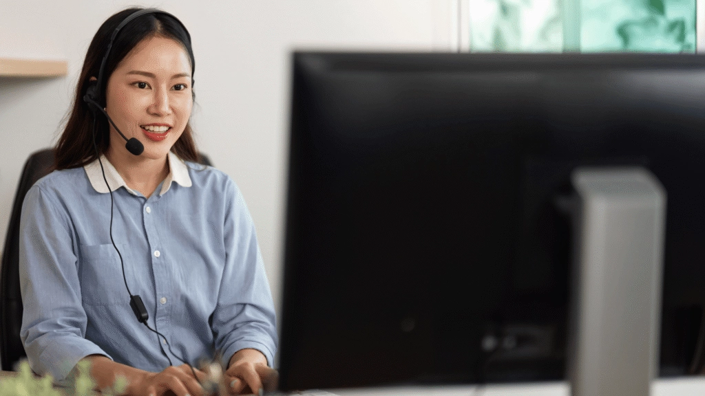 A happy call center agent uses upgraded call center software.