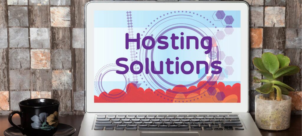Laptop with 'Hosting Solutions' on screen for a hosted call center