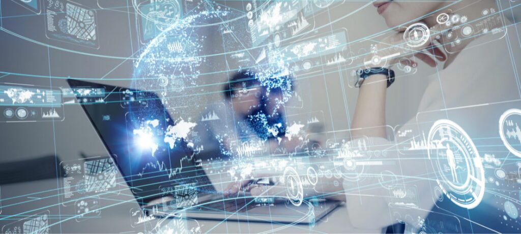 Female working at laptop with images depicting call center software features