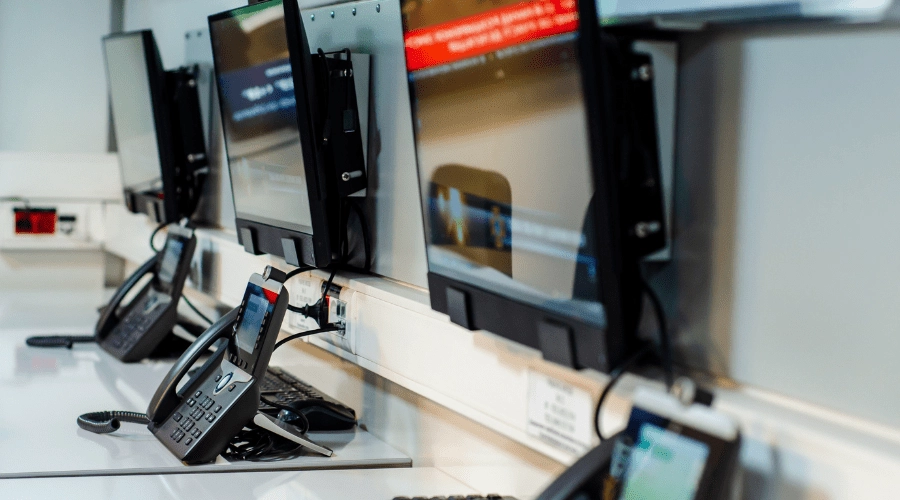 A line of call center phone and monitors.