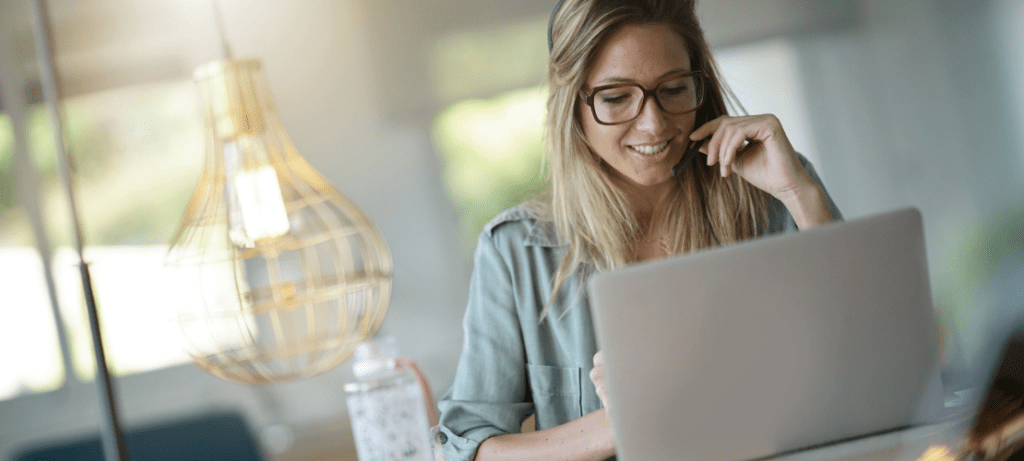 A hospital call center operator works from home.