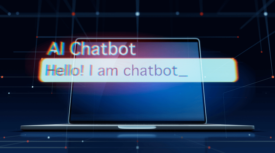 An AI chatbot introduces itself on a laptop.
