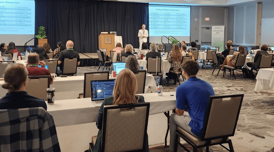 Keynote speaker Ed Marx gives his presentation at the 2025 Amtelco Seminar.