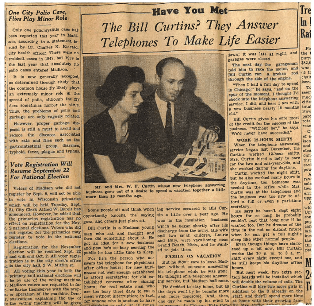 A Madison, Wisconsin newspaper article featuring Bill and Eleanor Curtin and their new telephone answering service.