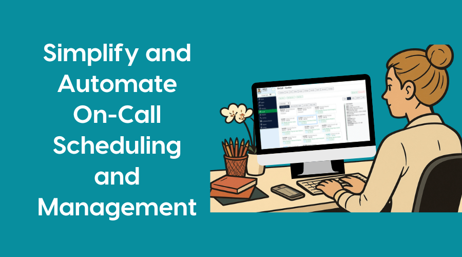 Illustration of a person using Amtelco's on-call scheduling app.