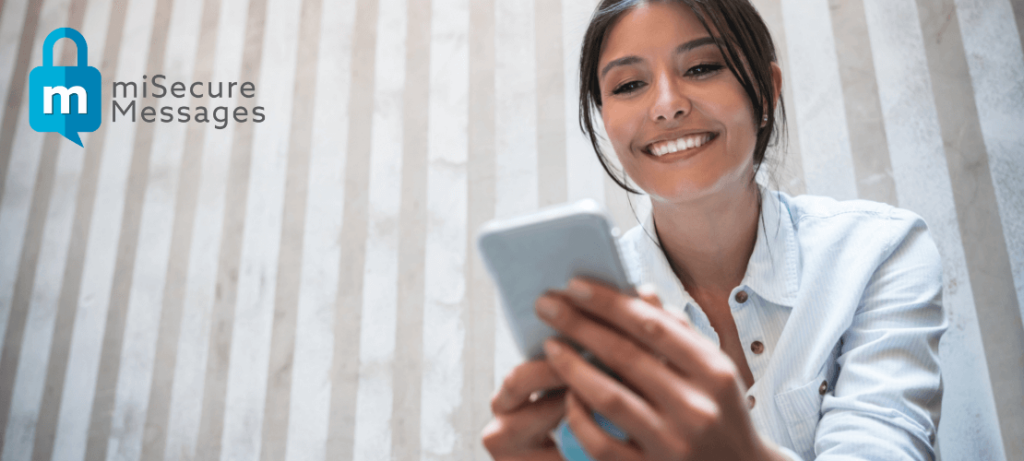 Woman using miSecureMessages secure text messaging to send a text