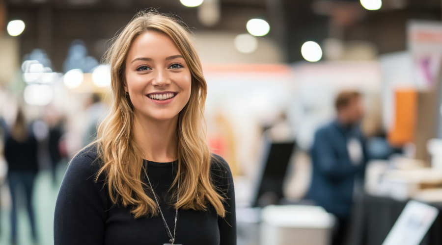 Woman in a conference exhibition space.