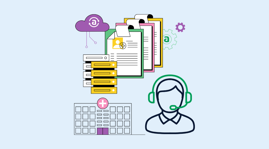 A hospital call center operator is assisted by software providing automation.