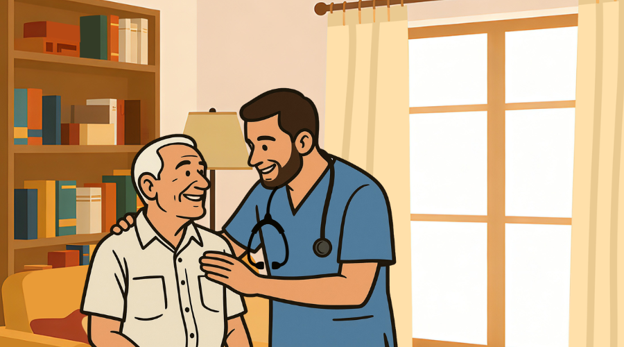 An in-home healthcare worker with a patient.